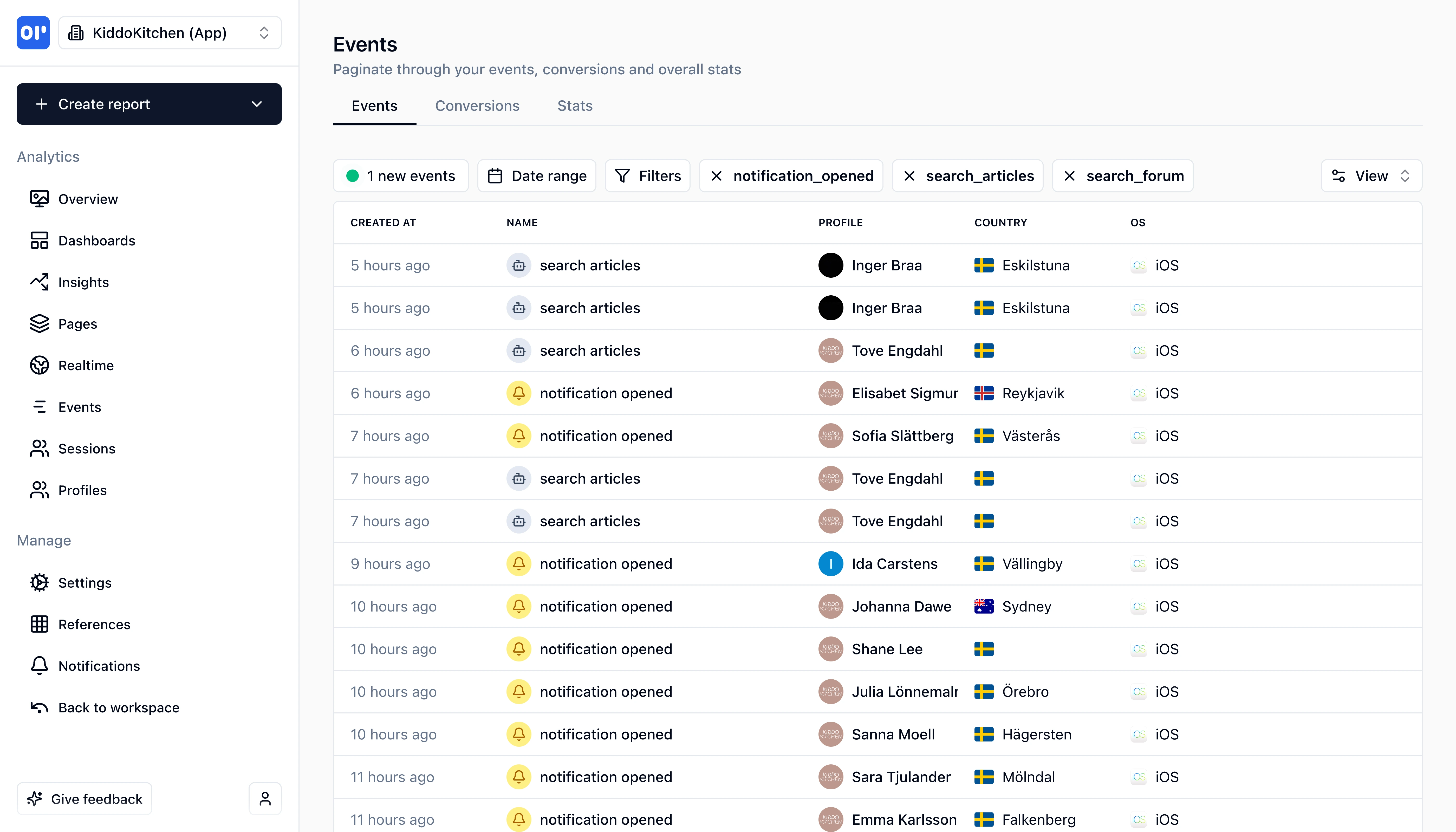 Event list showing tracked user actions in Helion