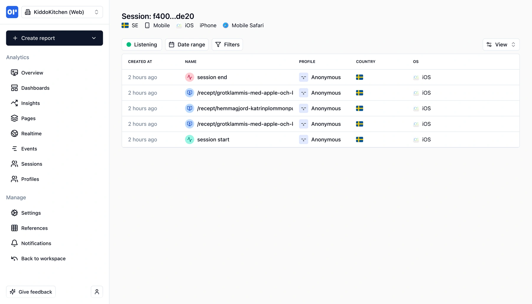 Session events timeline showing user actions in order